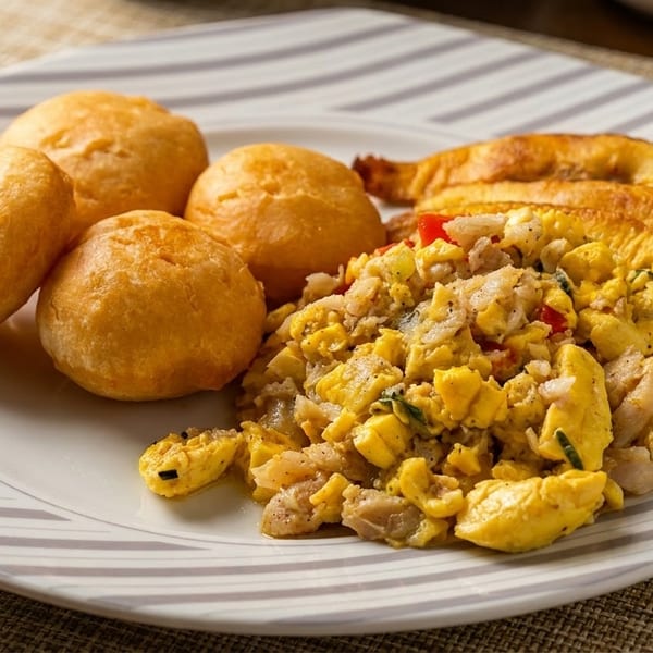 A plate of ackee and saltfish with fried dumplings and plantains on a striped plate.