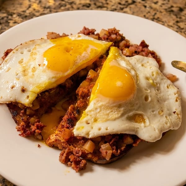 A plate of corned beef hash topped with two fried eggs and a fork and knife.