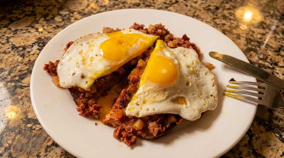 A plate of corned beef hash topped with two fried eggs and a fork and knife.