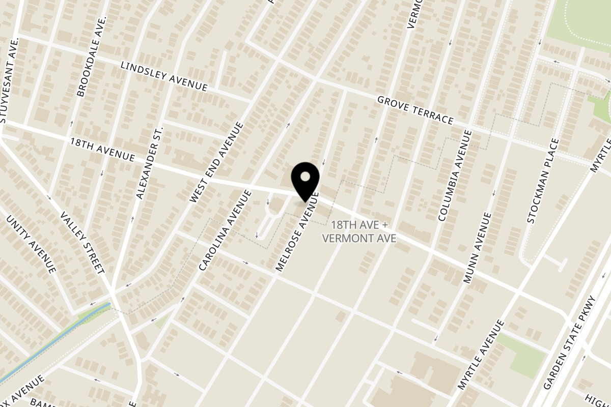 Map showing the location of 1Click Caribbean Cuisine on 901 18th Ave in Newark